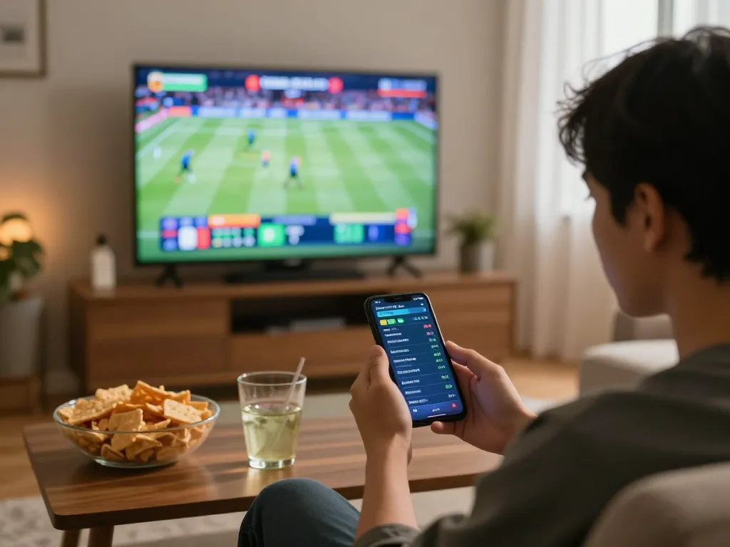 M107: Engaging in sports betting at home with live odds displayed on smartphone and TV.