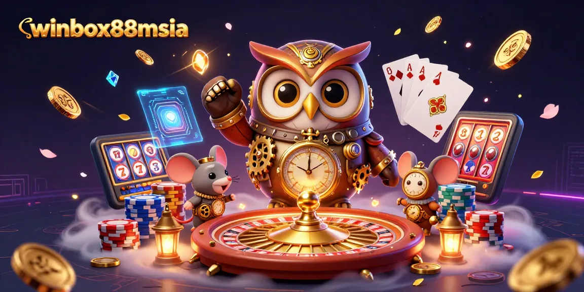 Experience thrilling moments at winbox88msia with a dynamic 3D casino illustration showcasing steampunk elements.