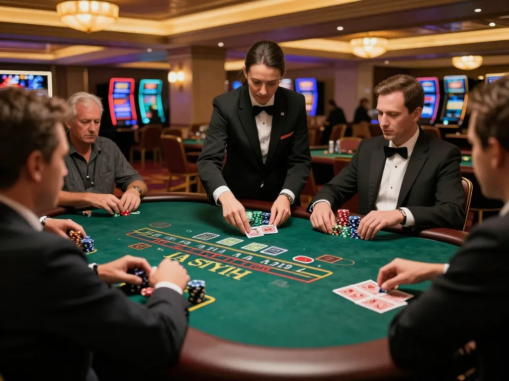 KONG88 blackjack players strategizing their bets at an upscale casino table