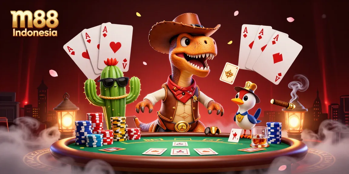 Rasakan sensasi m88 Indonesia dengan karakter kartun yang bermain poker di tengah elemen kasino yang cerah.
