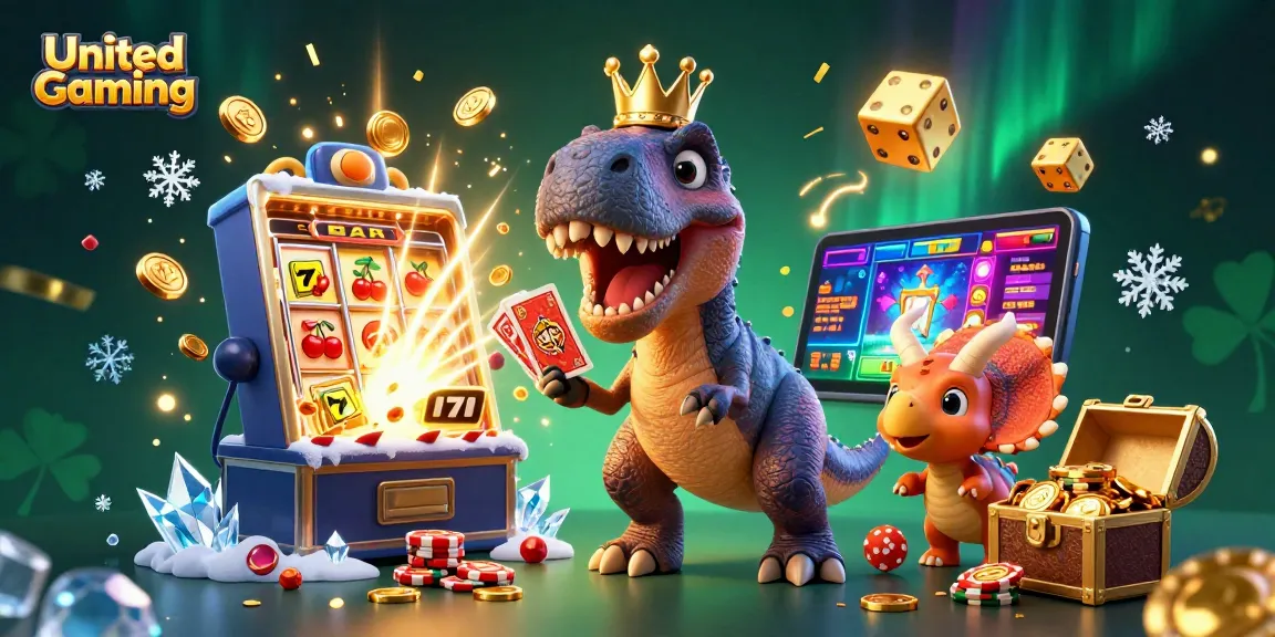 Experience United Gaming thrills with a vibrant 3D casino scene featuring T-Rex and friends.