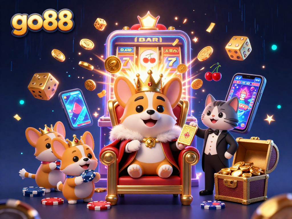 Experience the thrill of go88 with a corgi royal surrounded by vibrant casino elements.