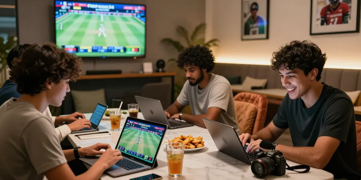 Engaged players enjoying Fairplay24 online betting in a cozy lounge setting, with live cricket scores displayed on a large screen.