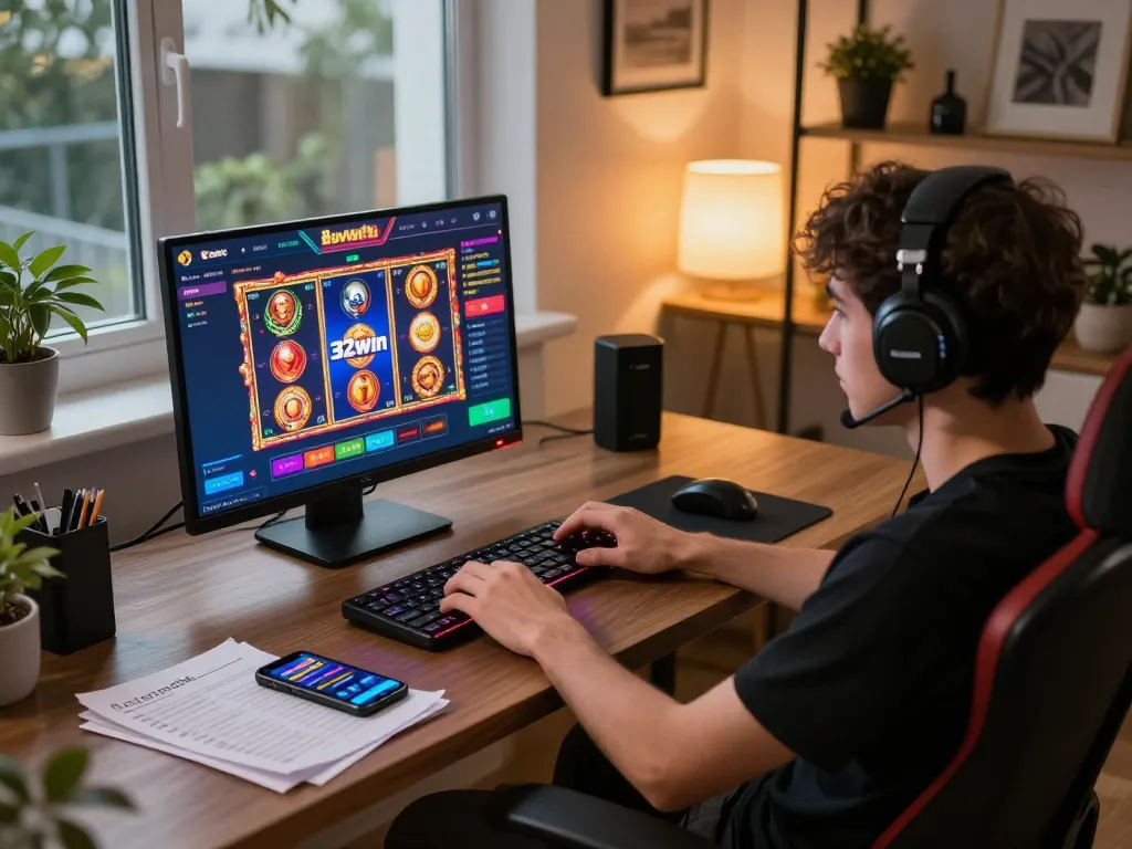 Engaging player enjoying thrilling slot games on 32win platform at home