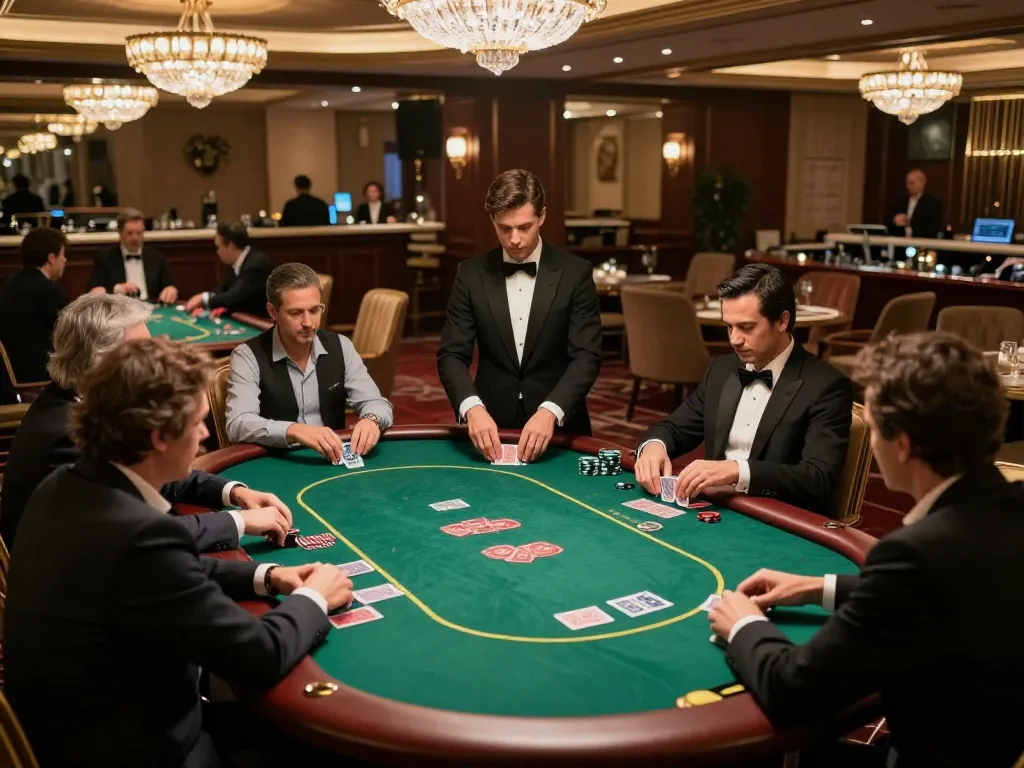 Engaged players in a luxurious casino enjoying ดูหนังออนไลน์ฟรี with strategic gameplay at a poker table