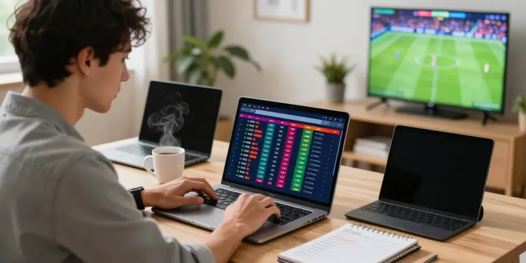 Engaged bettor comparing sports betting sites in Lithuania from home.