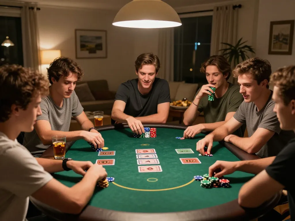 Players enjoy a lively poker game at home, demonstrating strategic engagement and social interaction at Hello88.