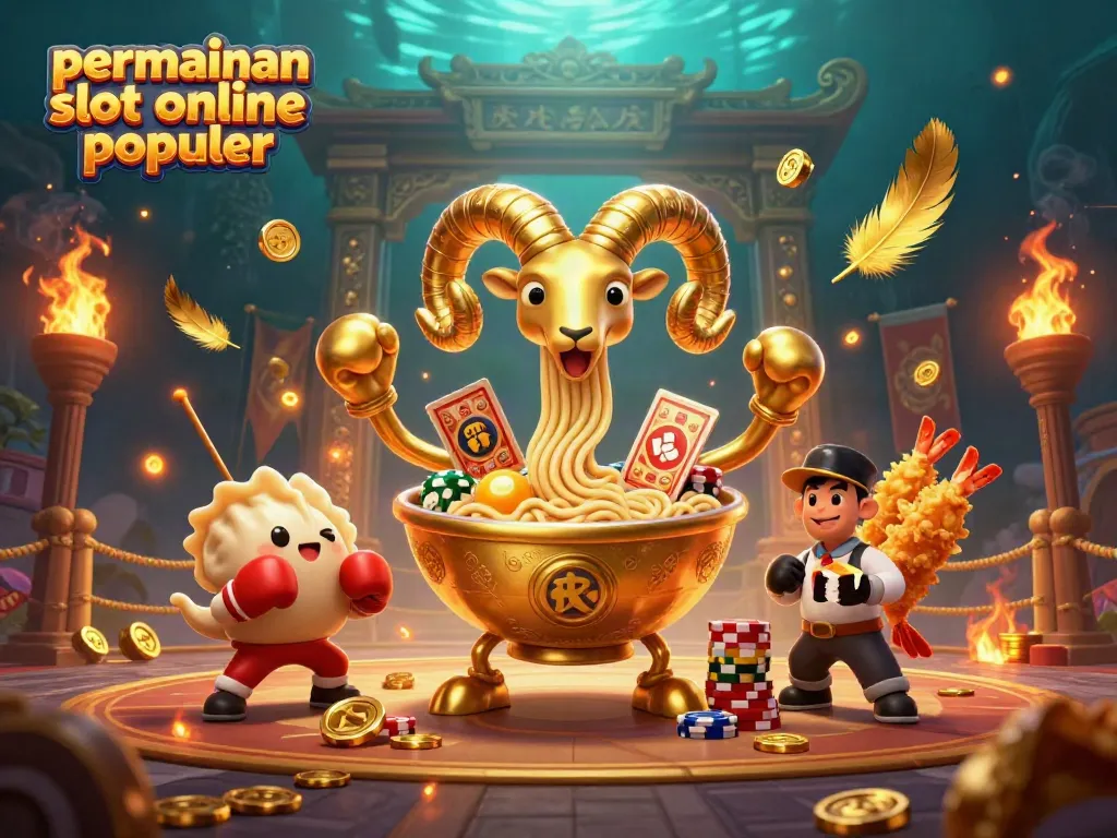 Ilustrasi permainan slot online populer dengan karakter unik dan elemen kasino.