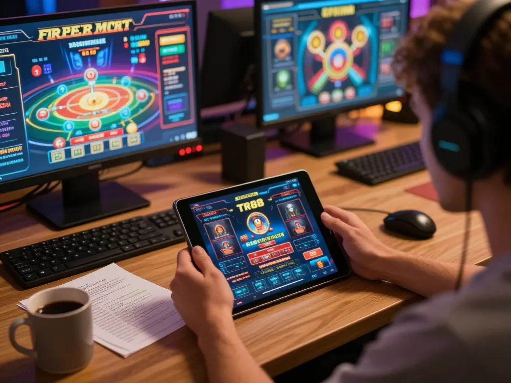 Player engaging on TR88 casino app during a cozy home gaming session.