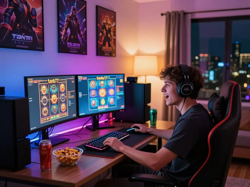 The gaming excitement at tante77 with vibrant slot screens and a cozy setup.