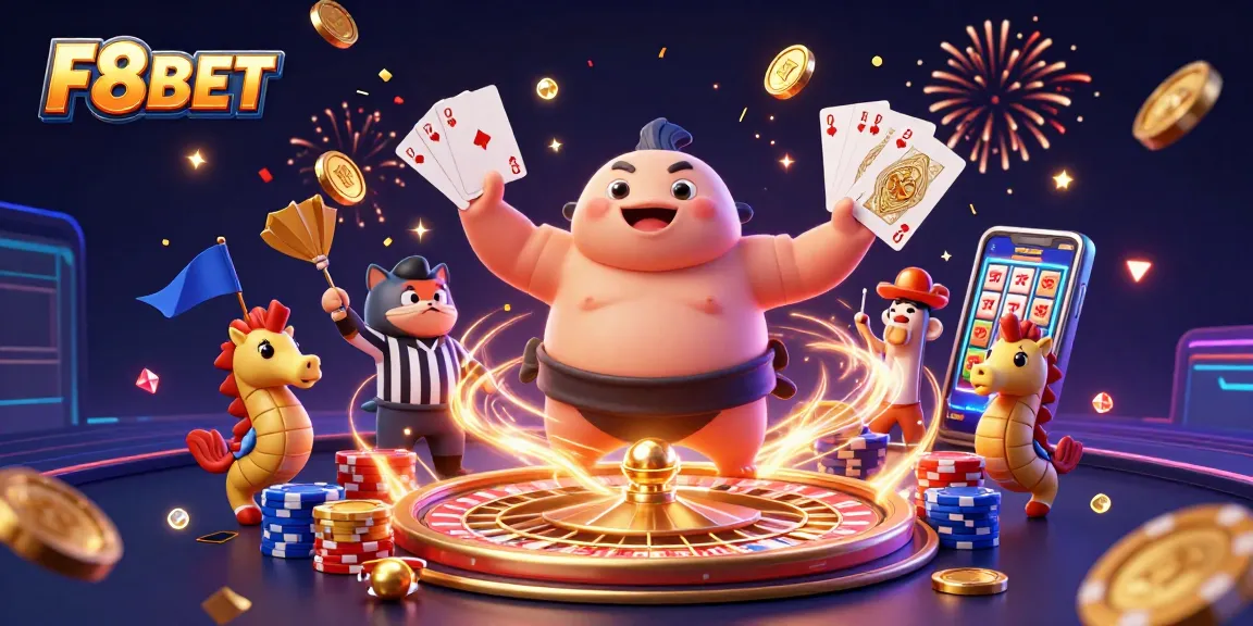 F8BET offers a colorful underwater casino scene with a fugu in a sumo belt, showcasing various exciting casino elements.