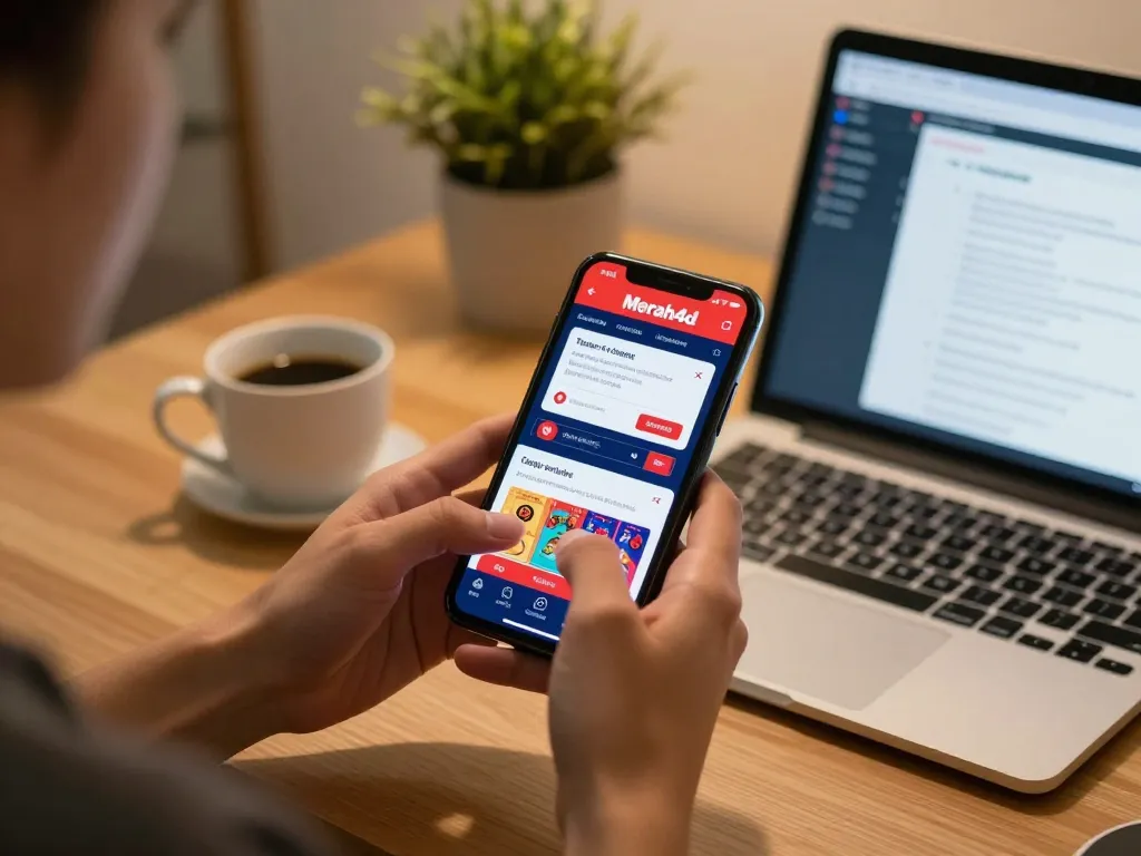 Pertandingan menarik di aplikasi merah4d, menampilkan seorang pemain yang menggunakan smartphone dalam pengaturan yang nyaman.