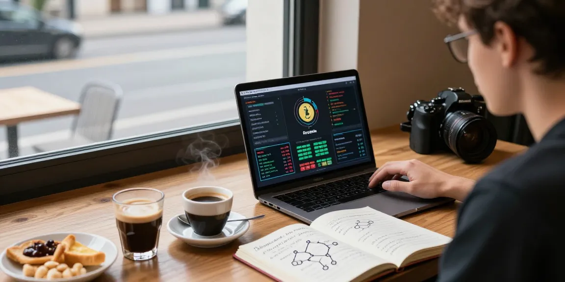 Instant withdrawal casinos researched on laptop with blockchain charts in a cozy cafe.