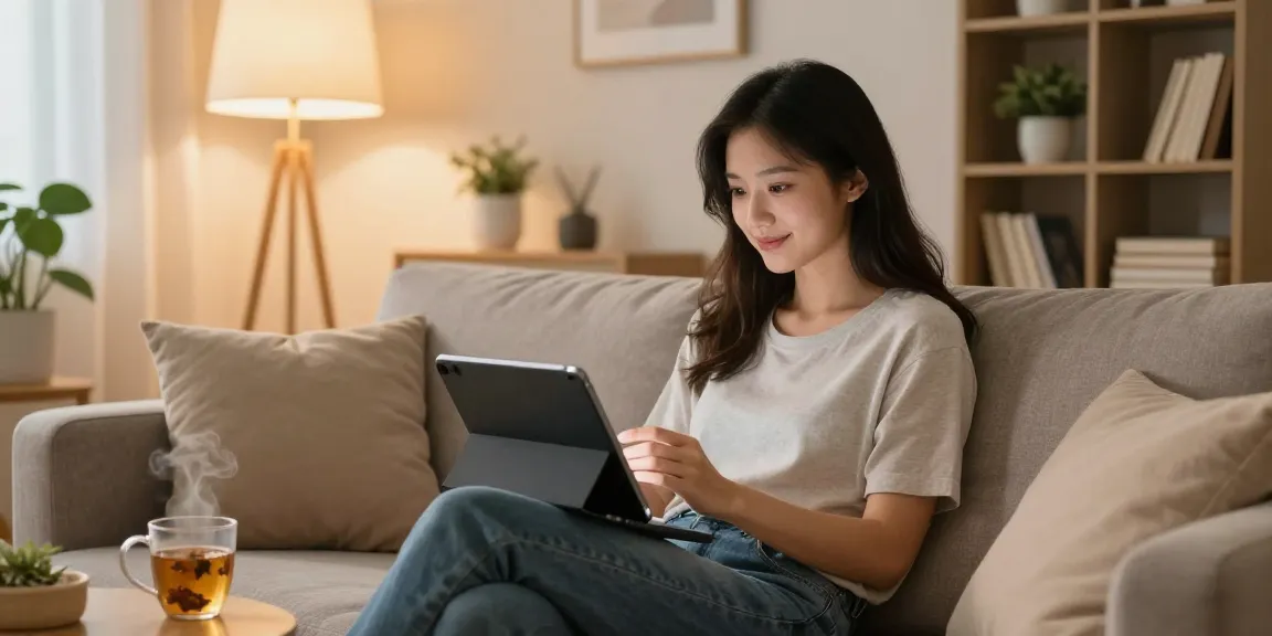 Engaging with an AI girlfriend on a tablet in a cozy living room.
