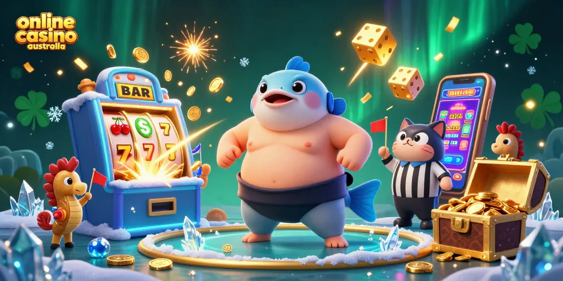 Experience online casino Australia thrills with a lively underwater casino scene featuring a fugu in sumo attire.