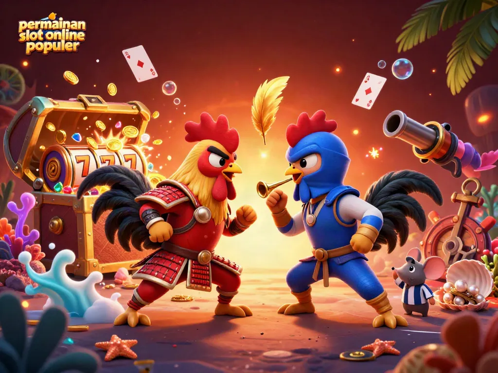 Pemainan slot online populer memperlihatkan duel dua ayam bertarung di dalam arena dengan ornamen slot.