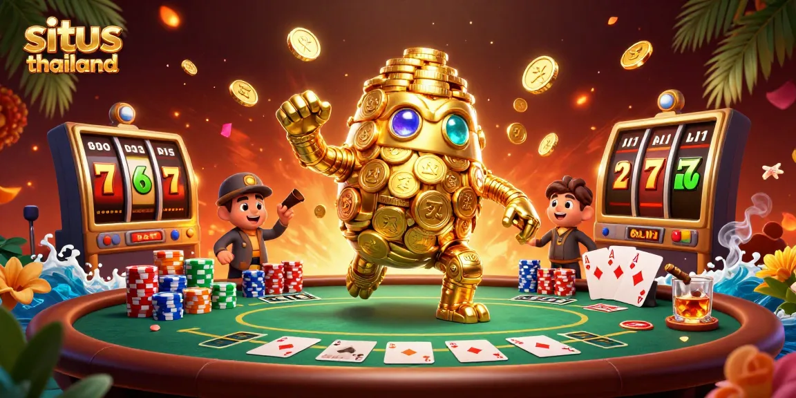 Experience the thrill of situs thailand with a vibrant golem amidst slot and poker elements.