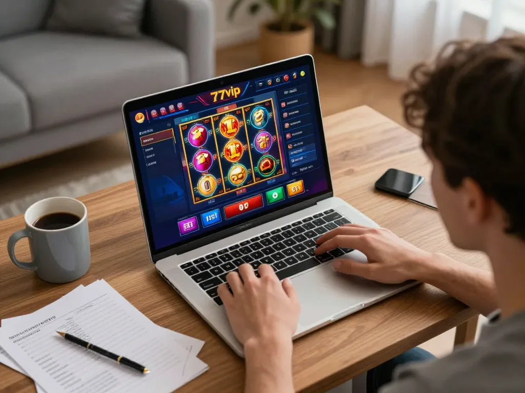 Player engaging with 777vip online slots on a laptop, showcasing vibrant gaming interface and cozy home atmosphere.
