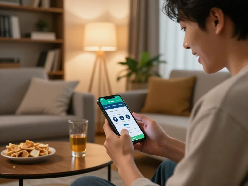 Soi Kèo: Engaged user betting through a smartphone in a cozy living room, illustrating strategic sports betting.