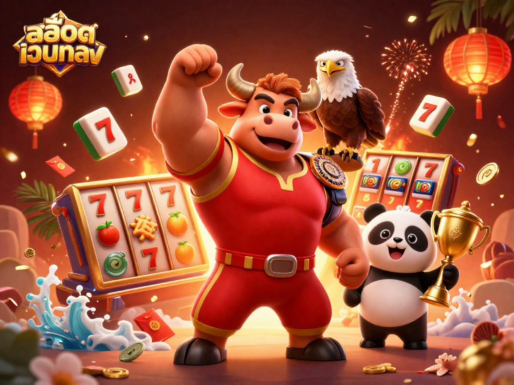 Spin to win withสล็อตเว็บตรง featuring a victorious bull mascot, eagle, and panda in a dynamic casino scene.