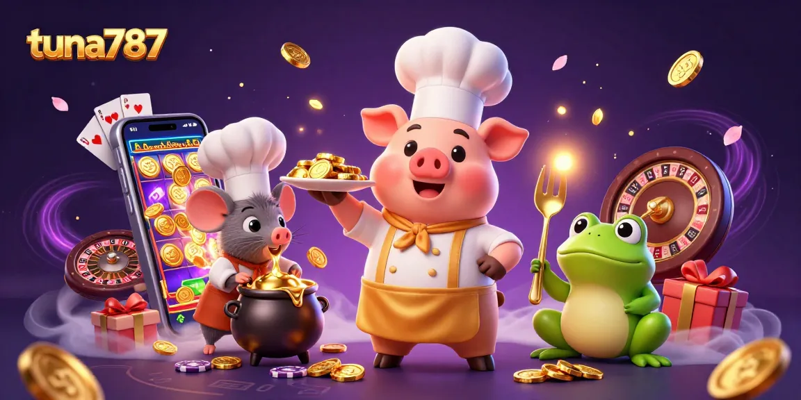 Menangkan permainan slot di tuna787 dengan chef kartun pig menyajikan koin emas dan elemen kasino.