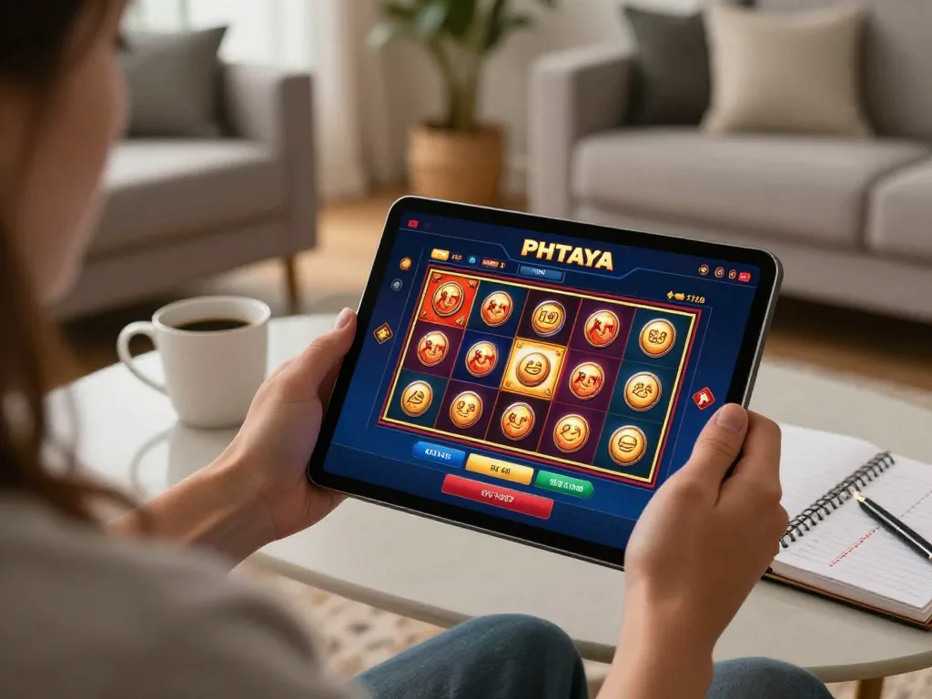 Engaging with PHTAYA slot games on a tablet in a cozy living room, demonstrating strategic online gambling.