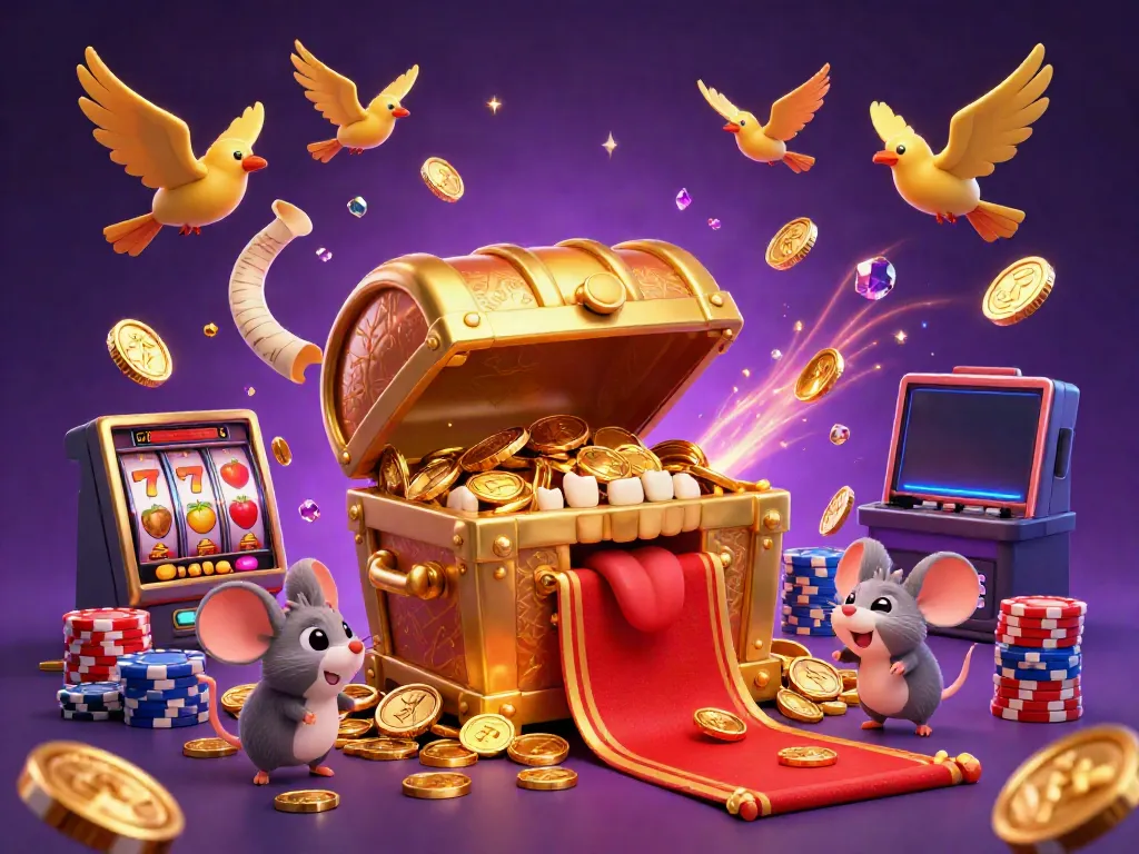 Melihat 222slotprime dengan peti harta karun 3D dan tumpukan koin emas berkilauan.