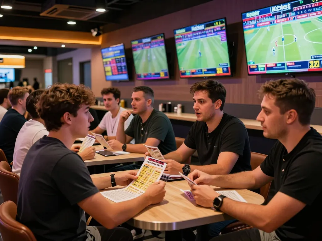 Kebet sports bettors analyzing odds in a lively betting lounge, showcasing excitement and strategic living.