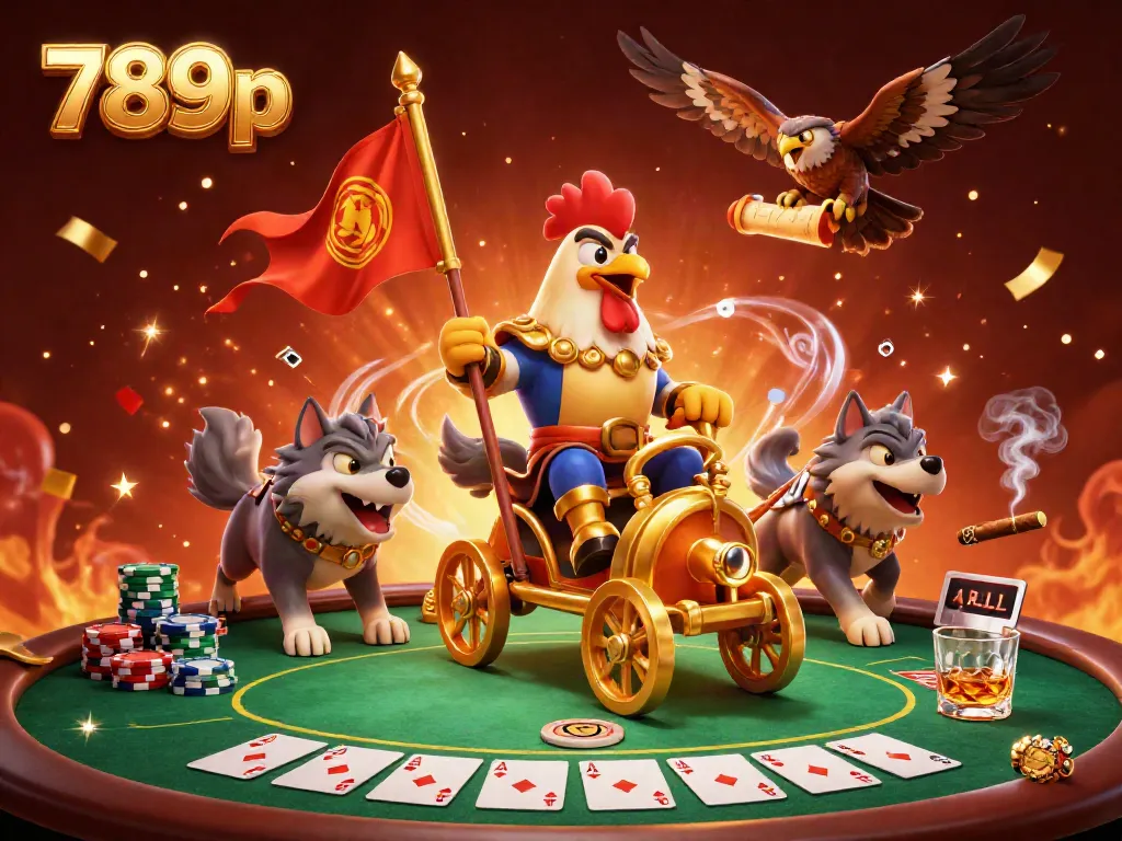 Experience thrilling gameplay with 789p as a rooster warlord leads the casino scene filled with poker chips and celebration.