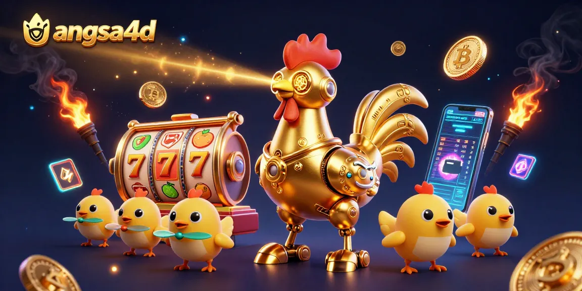Engage in thrilling gameplay at angsa4d with a vibrant scene showcasing a golden rooster robot surrounded by exciting slot game elements.