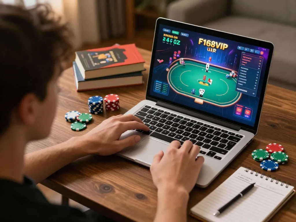 Engaging player enjoying F168VIP online poker, laptop screen displaying game interface, cozy home atmosphere.