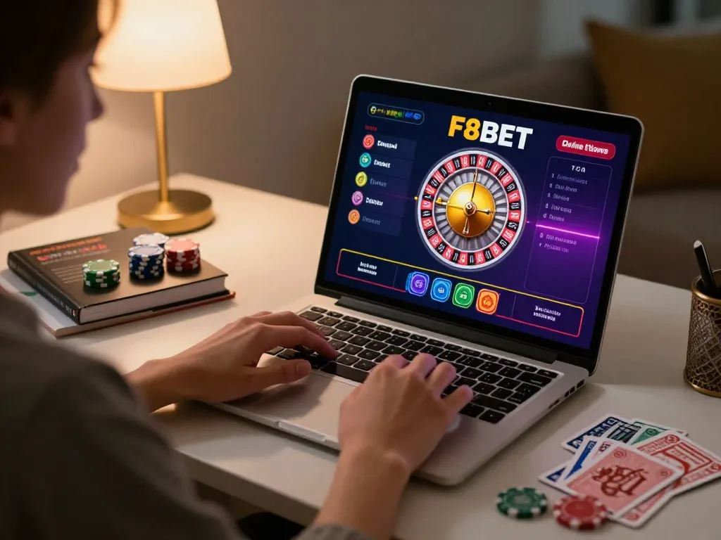 Engaging in F8BET online gaming with roulette on laptop at a stylish desk.