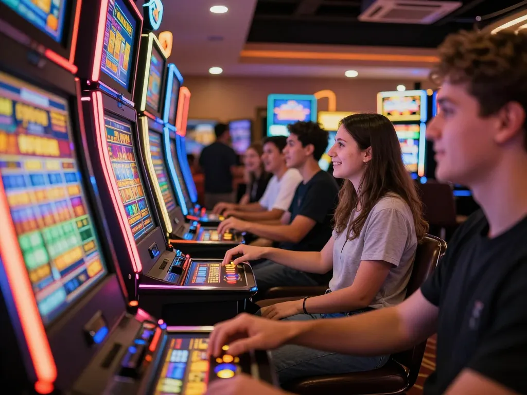 Pemain yang terlibat menikmati pengalaman Slot Demo di mesin slot kasino yang penuh warna.