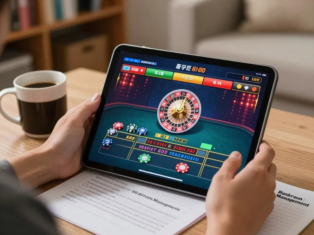 Playing roulette on 388bet tablet with chips visible in a cozy home setting.