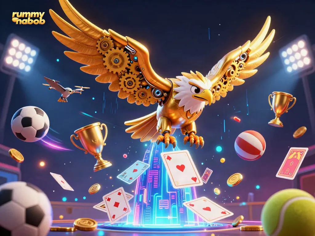 Bermain rummy nabob dengan penguin berakrobat, kartu holografik, dan trofi emas dalam suasana ceria.