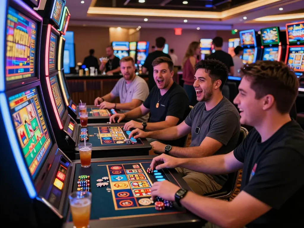 Exciting kerajaanslot gaming scene in a vibrant casino setting with players enjoying modern slot machines.