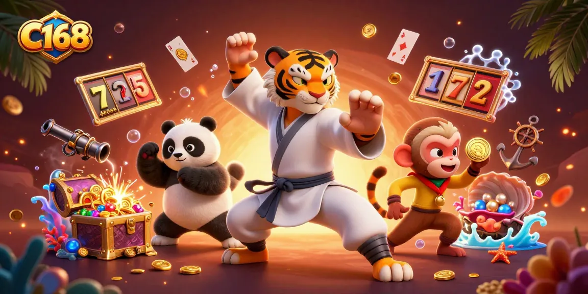 C168 engages players with an exciting slot game illustration showcasing vibrant characters and dynamic casino elements.