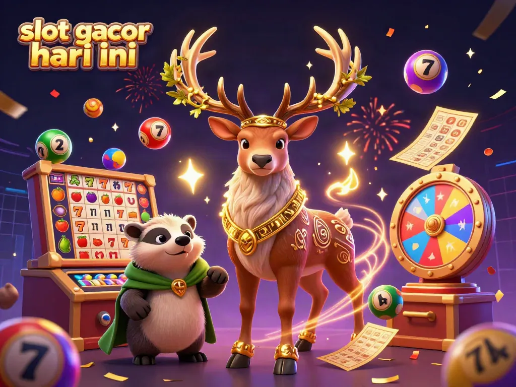 Experience slot gacor hari ini in a rich, magical 3D illustration with dynamic slot reels and festive characters.