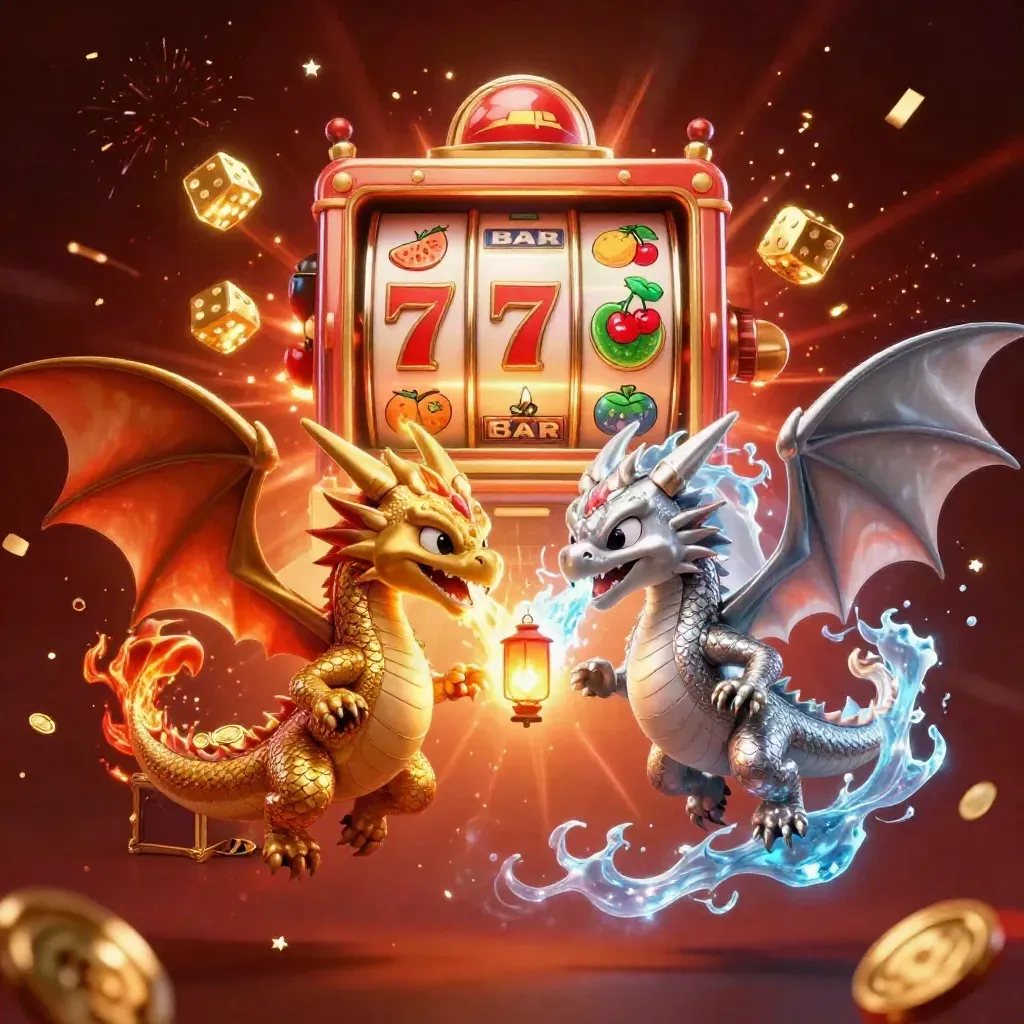 Twin gold and silver dragons swirl around a bursting slot machine with treasure and neon effects.