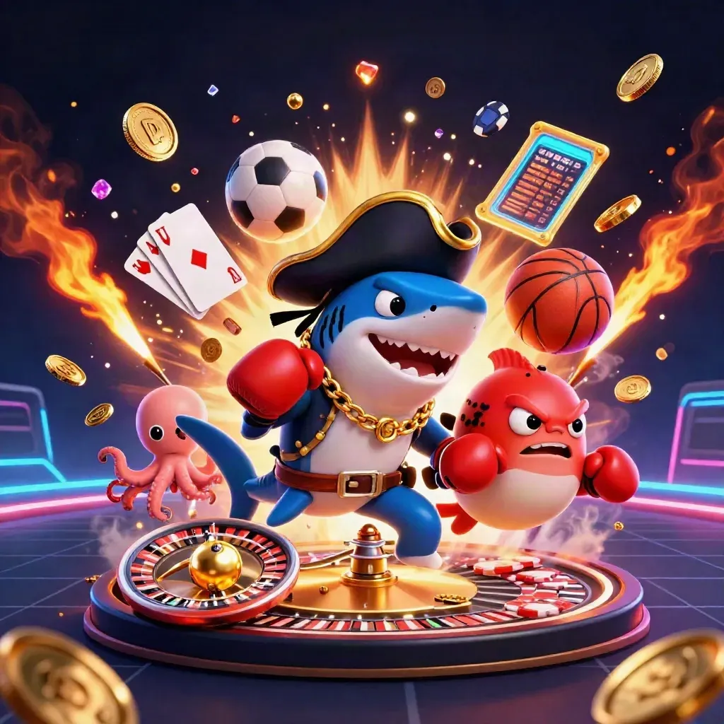 Pirate shark, boxing pufferfish, and coin-juggling octopus amid casino sports explosions.