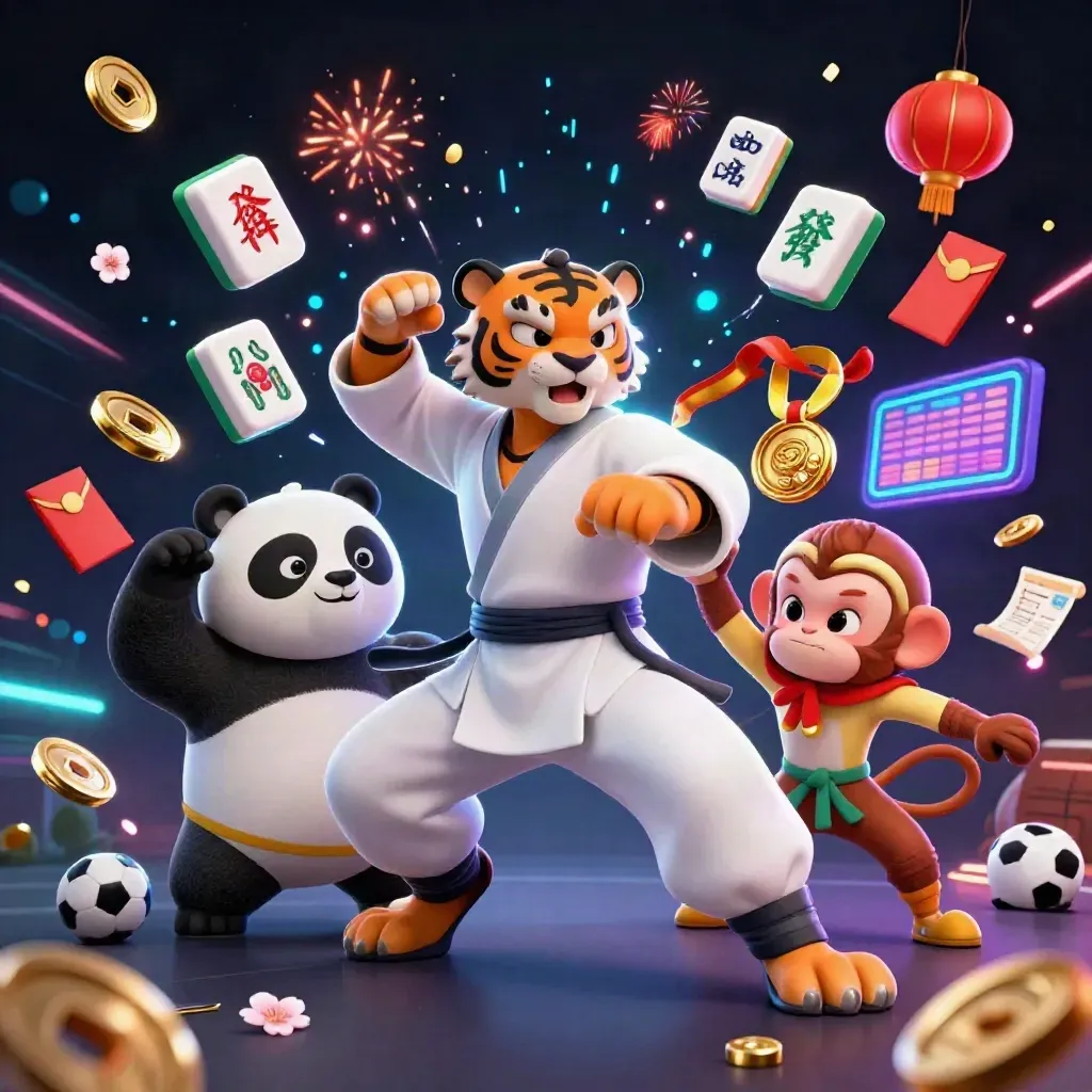 Tiger, panda, and monkey in a neon casino kung-fu burst with sports balls and gold sparks.