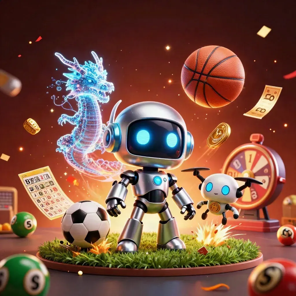 Cyberpunk robot, AI dragon and drone amid casino sports burst with balls, confetti and gold light.