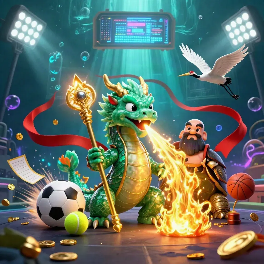 Emerald dragon, turtle sage, and ribboned cranes amid flying sports balls and casino glow.