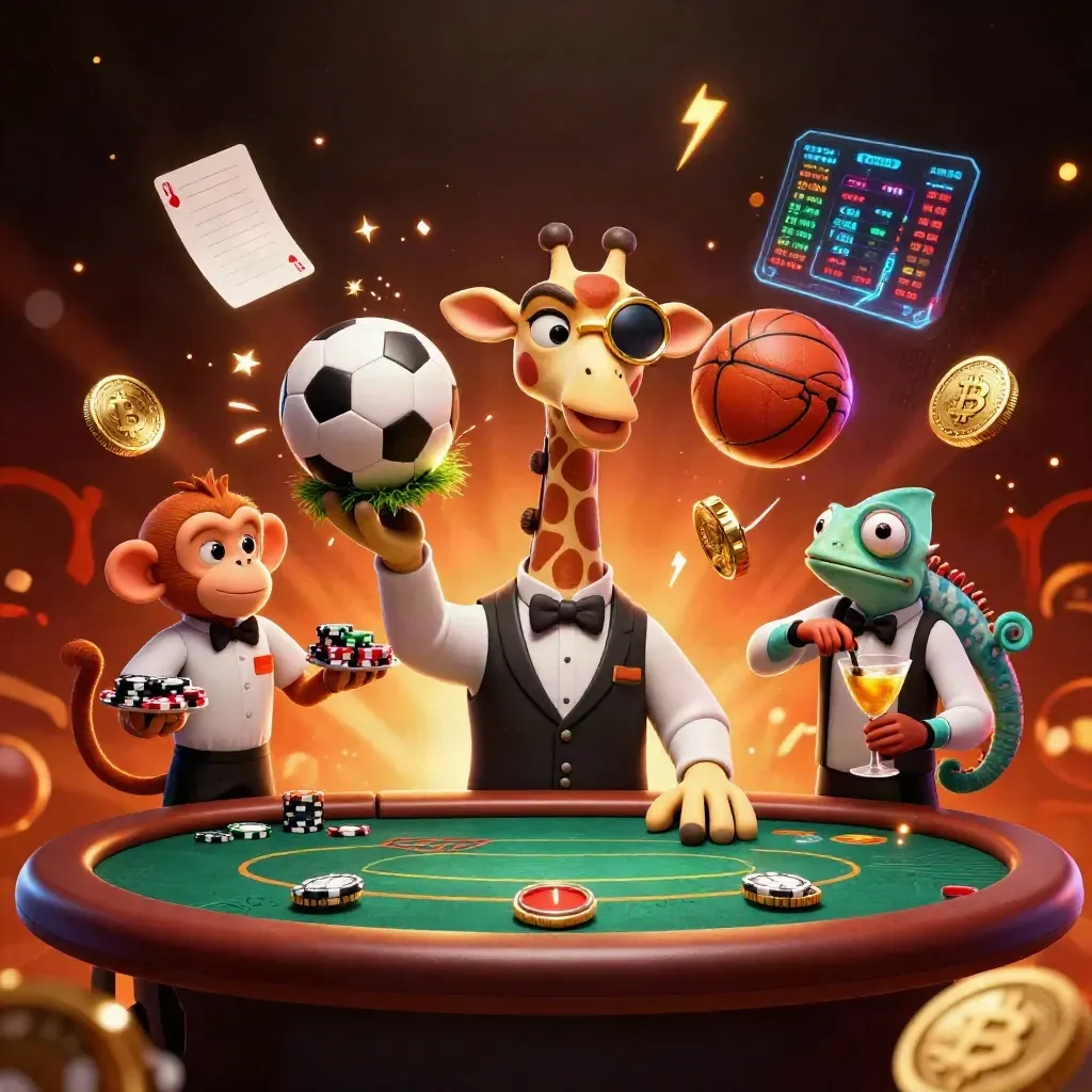 Giraffe, monkey, and chameleon in a luxe casino-sports burst with balls, coins, and neon effects.