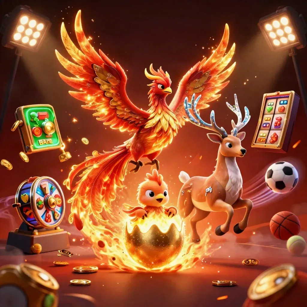 Fire phoenix, baby phoenix, and crystal stag with casino bursts, coins, trophies, and neon glow.