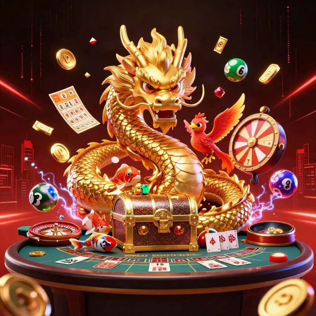 Golden dragon, phoenix and koi amid casino props, neon lights and dark red skyline.