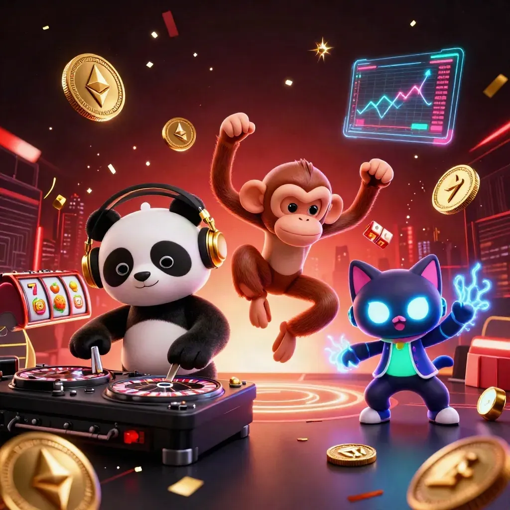 Panda DJ, breakdancing monkey, and rave kitten amid casino coins and neon effects.