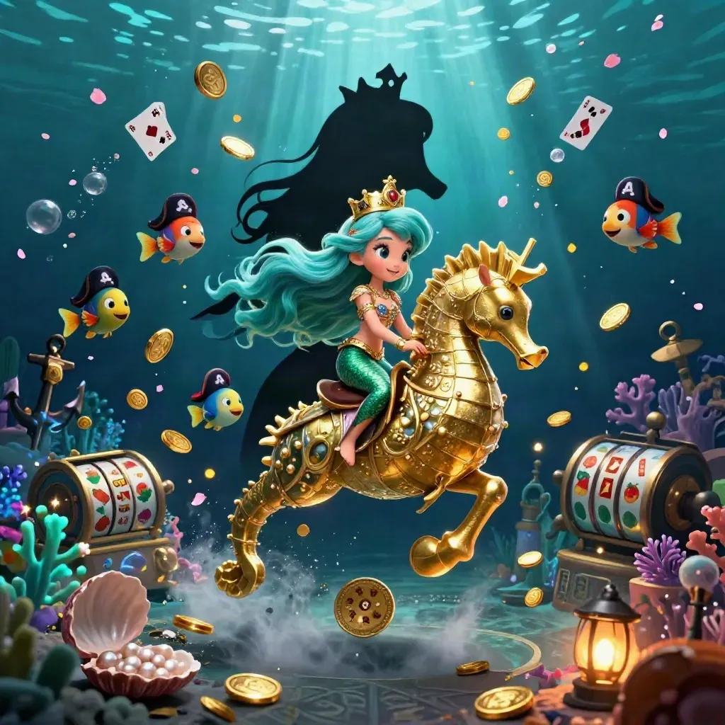 Mermaid princess on armored seahorse amid treasure, fish, reels, gems and glowing underwater ruins.