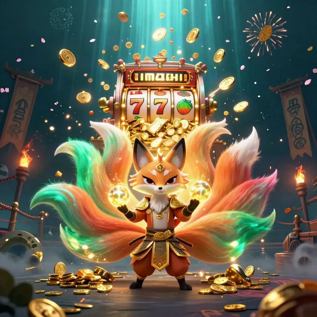 Nine-tailed fox spirit and armored mouse amid vault gold, slot reels, and fireworks.