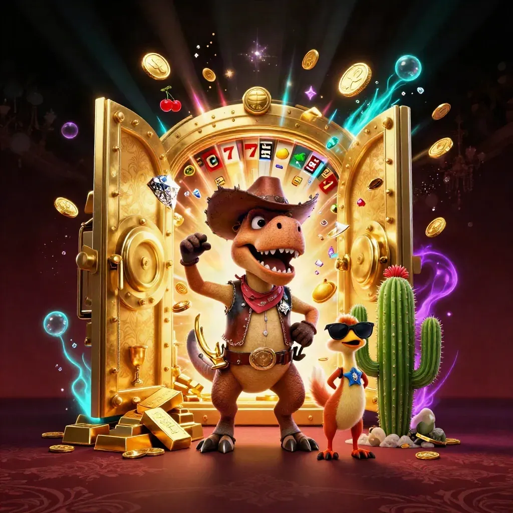 Cowboy T-Rex, cactus sidekick, and roadrunner celebrate a vault burst with coins, gems, and neon glow.